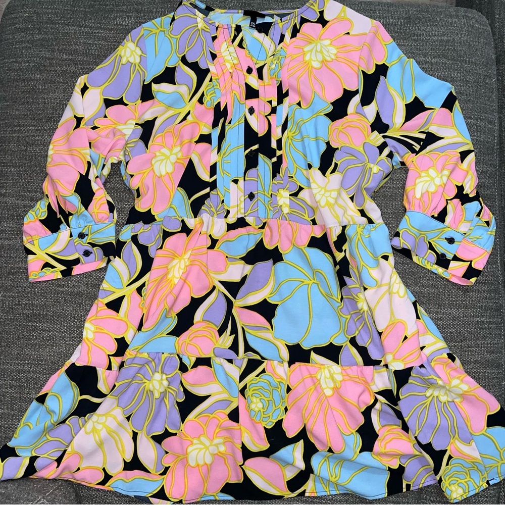 Who What Wear Black Floral Mini Dress with Pink, Blue, Lavender and Yellow